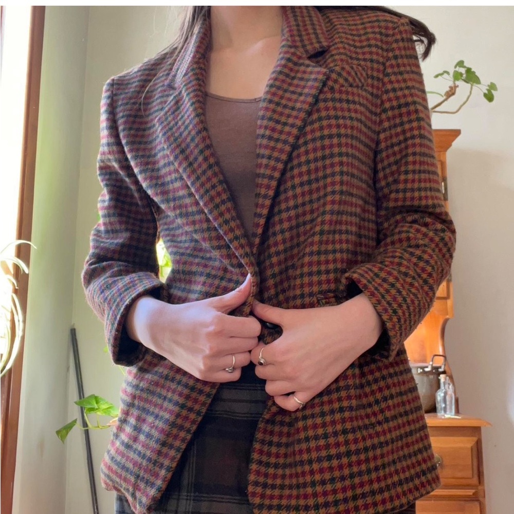 Vtg Wool Textured Plaid Blazer -Warm Colors-EUC-Satin lining -Amazing fit-Sz S